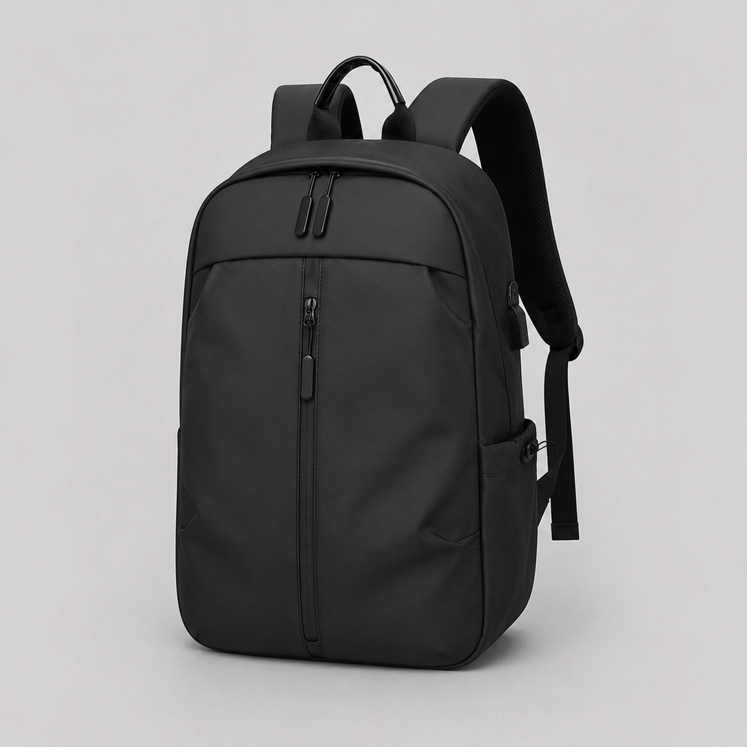 Unisex minimalist black backpack for daily use, school, or work. Modern, sleek design.