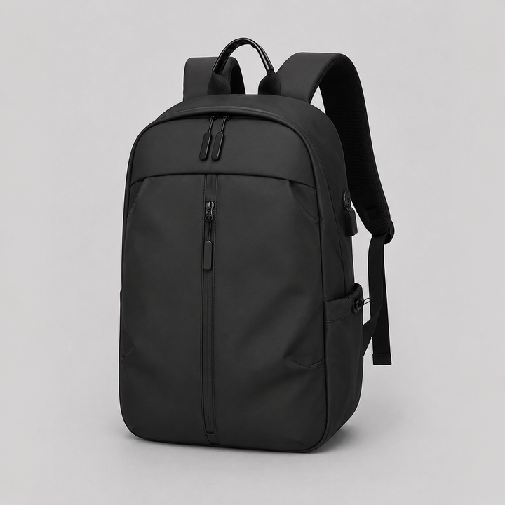 Unisex minimalist black backpack for daily use, school, or work. Modern, sleek design.