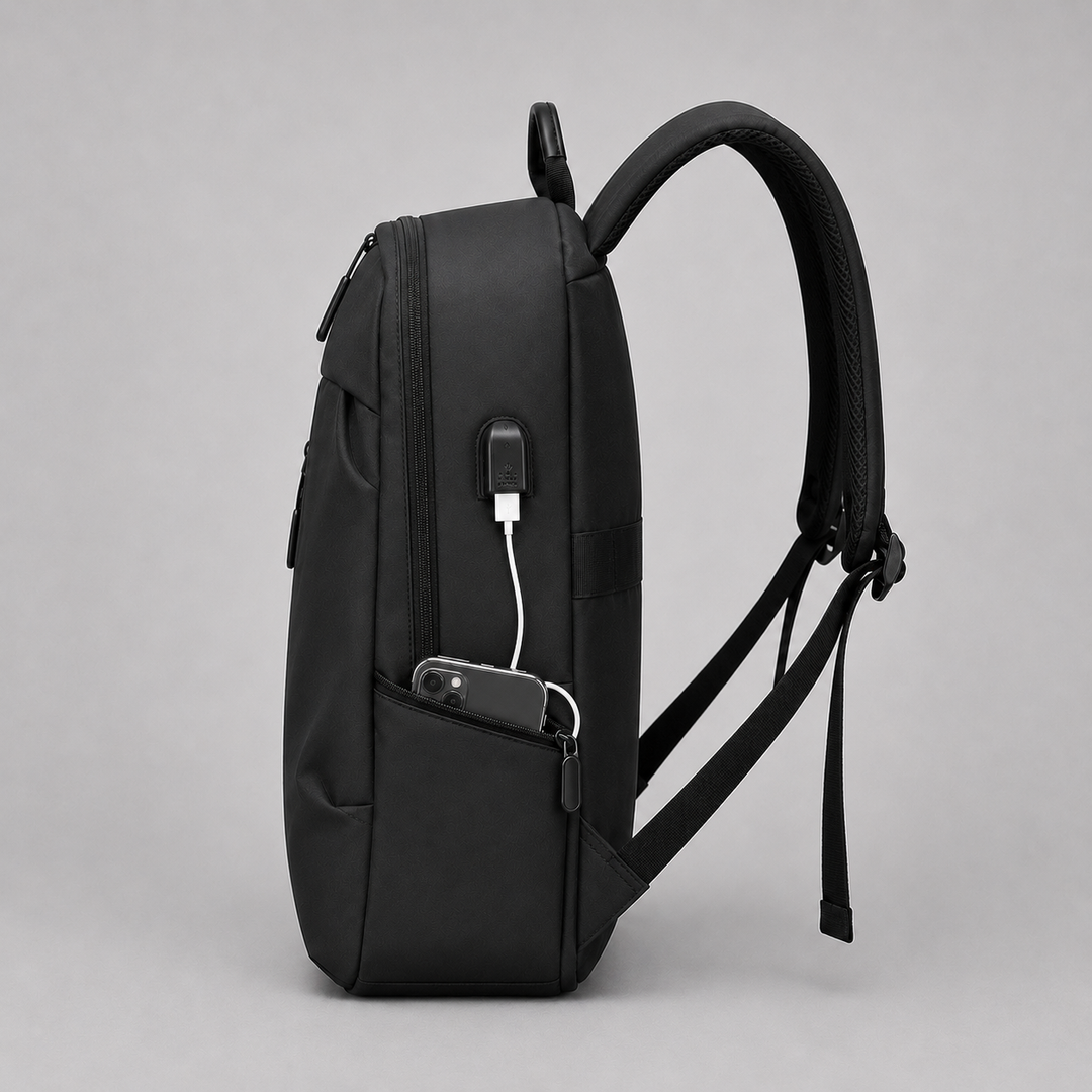 Stylish unisex minimalist backpack, water-resistant, with laptop sleeve & USB port. Perfect for daily use.