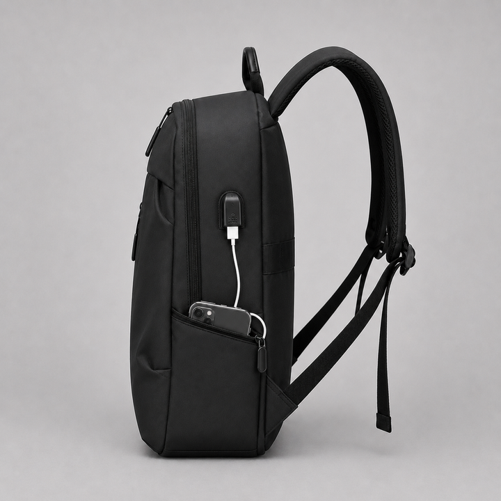 Stylish unisex minimalist backpack, water-resistant, with laptop sleeve & USB port. Perfect for daily use.