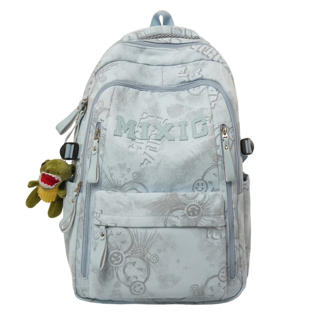Stylish graphic print school backpack, unisex, featuring comfortable padded straps & spacious compartments for travel.