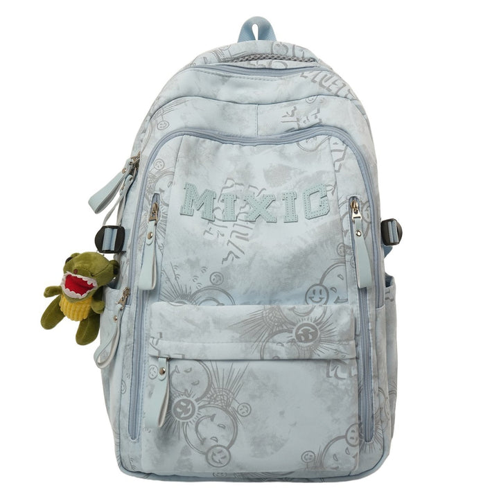Stylish graphic print school backpack, unisex, featuring comfortable padded straps & spacious compartments for travel.