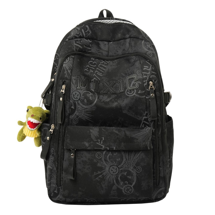 Modern school backpack, unisex, showcasing a unique graphic print, padded adjustable straps, great for organization.