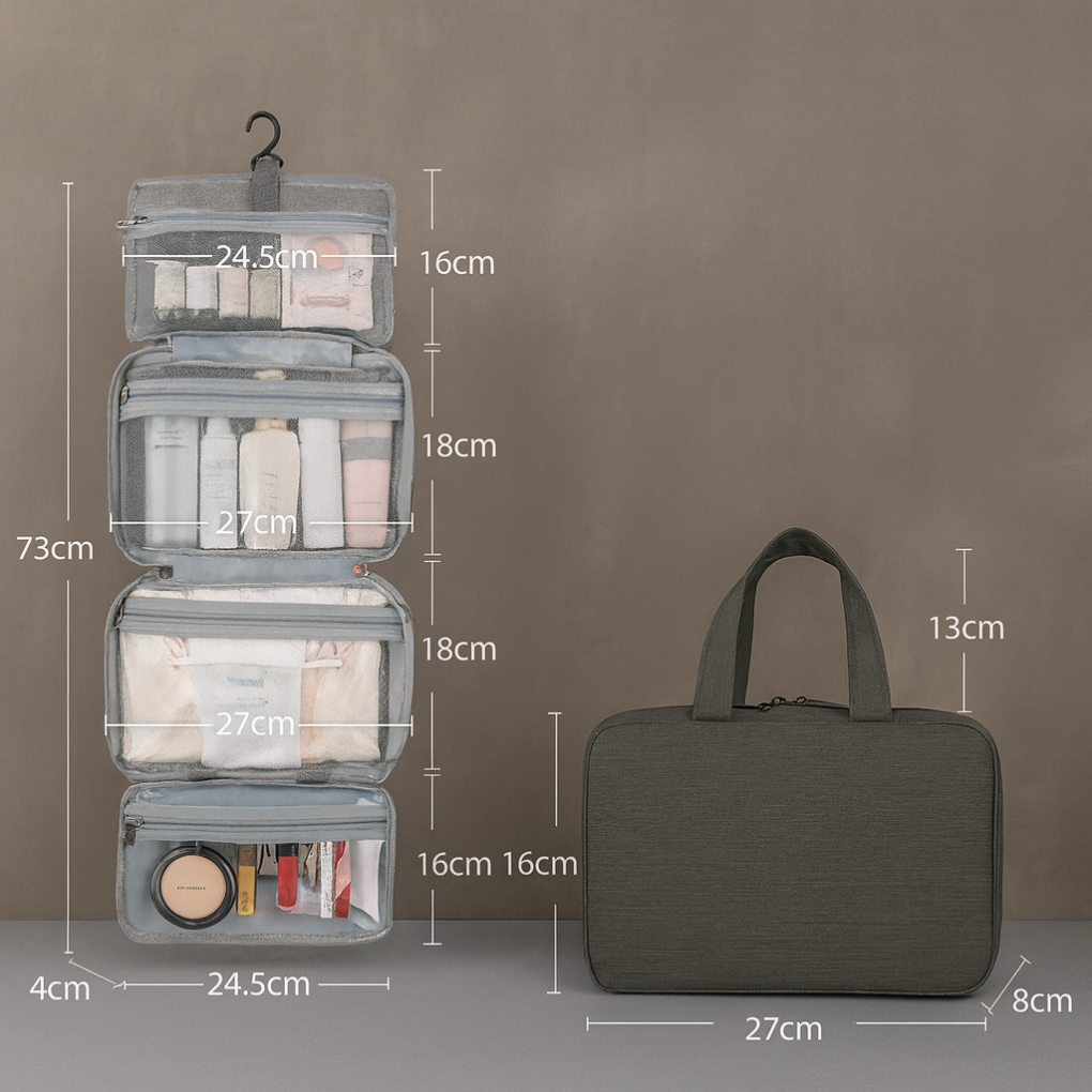 Unisex multi-compartment travel toiletries organizer, waterproof hanging bag for makeup & essentials. Perfect travel kit.