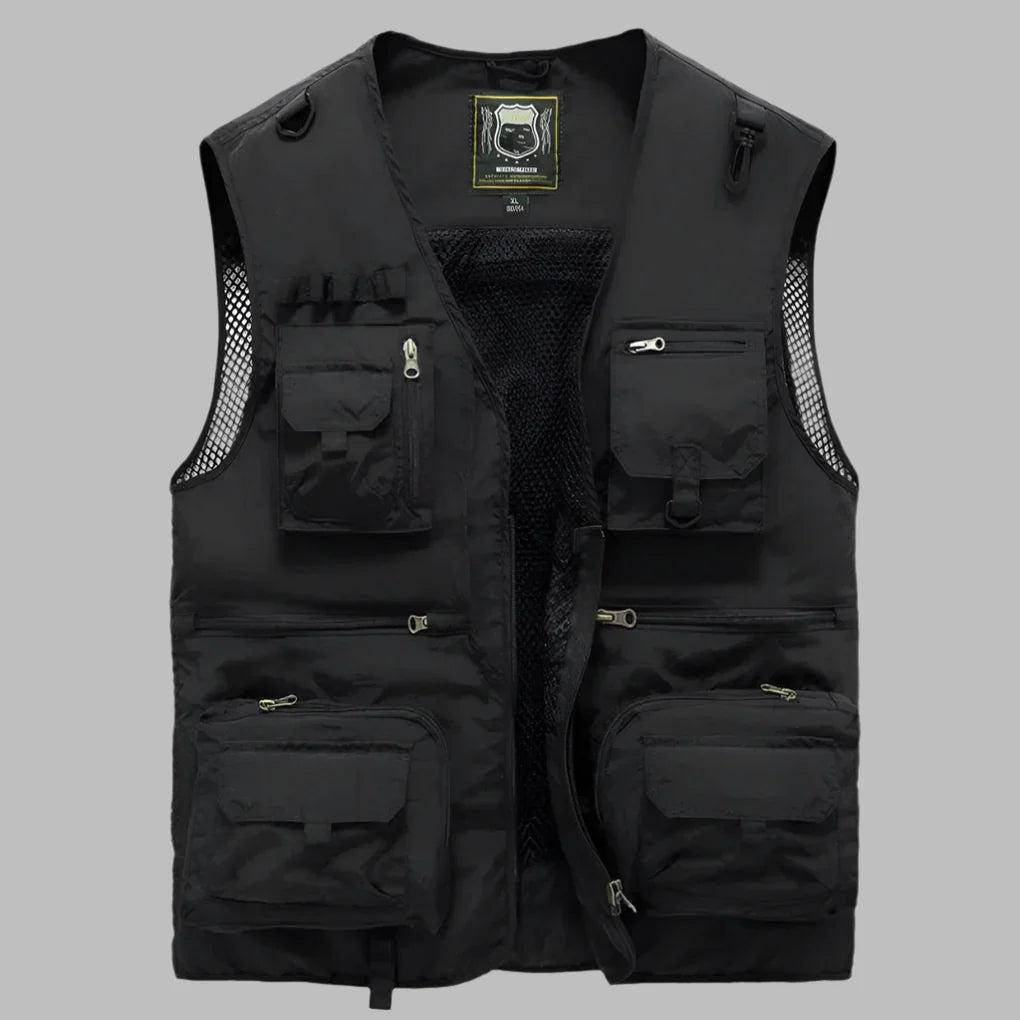 Black multi-pocket utility vest for men & women, lightweight, breathable, perfect for fishing, hiking, safari.