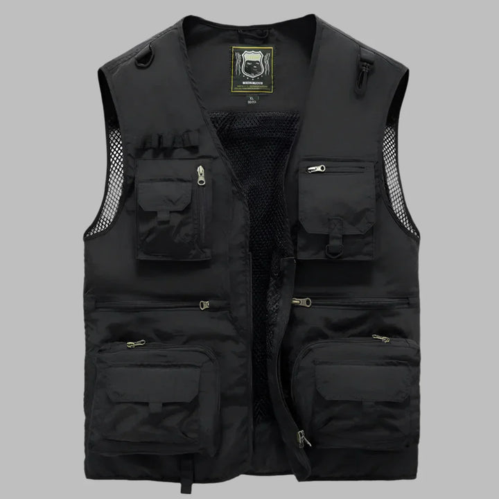 Black multi-pocket utility vest for men & women, lightweight, breathable, perfect for fishing, hiking, safari.