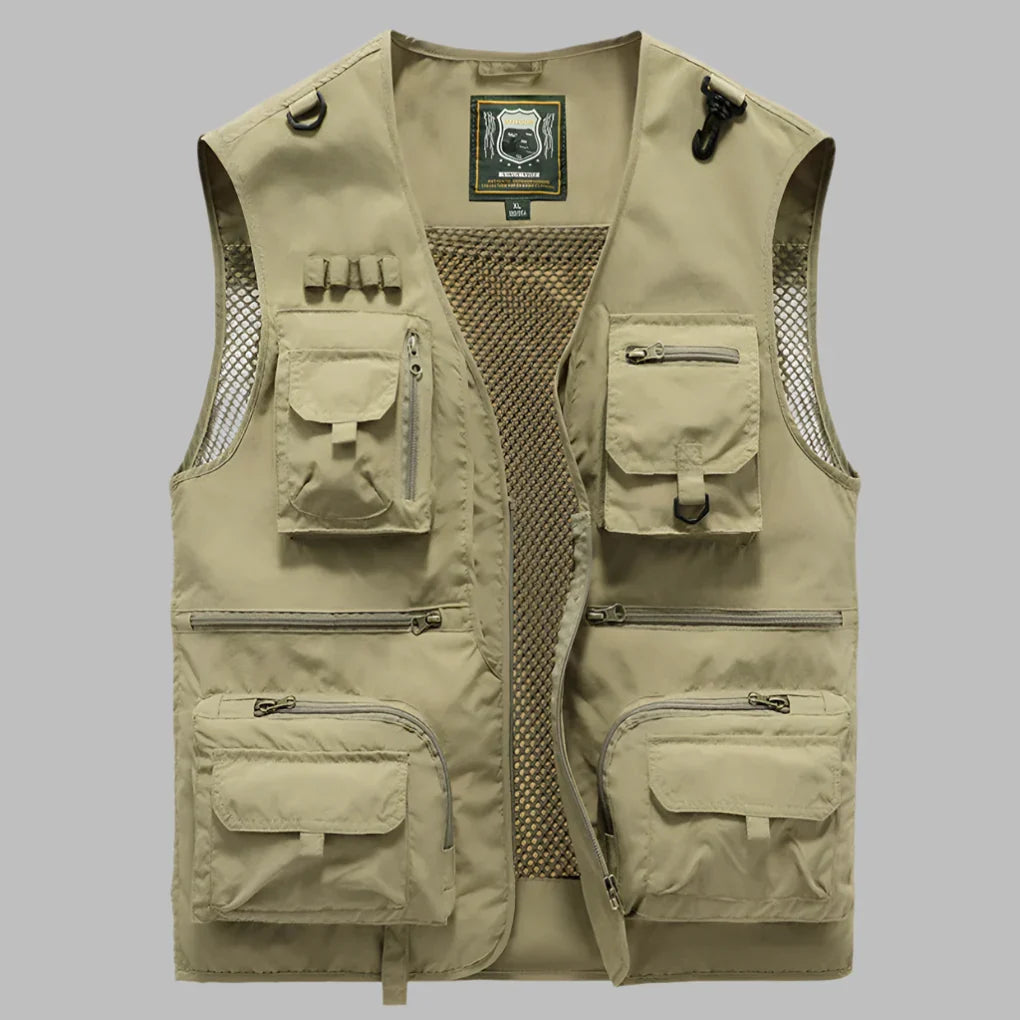 Khaki unisex travel vest, multi-pocket design, lightweight & breathable, great for outdoor adventures & casual wear.