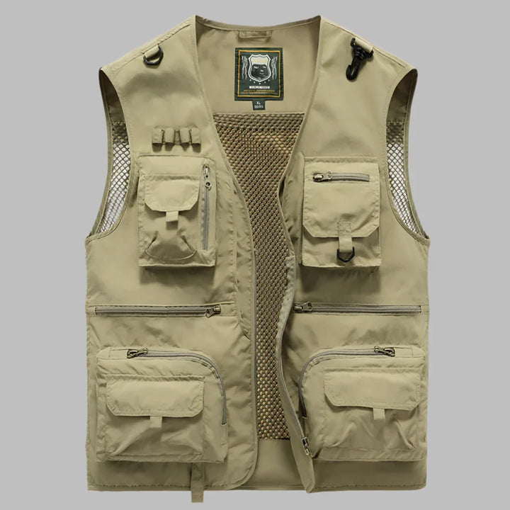 Khaki unisex travel vest, multi-pocket design, lightweight & breathable, great for outdoor adventures & casual wear.
