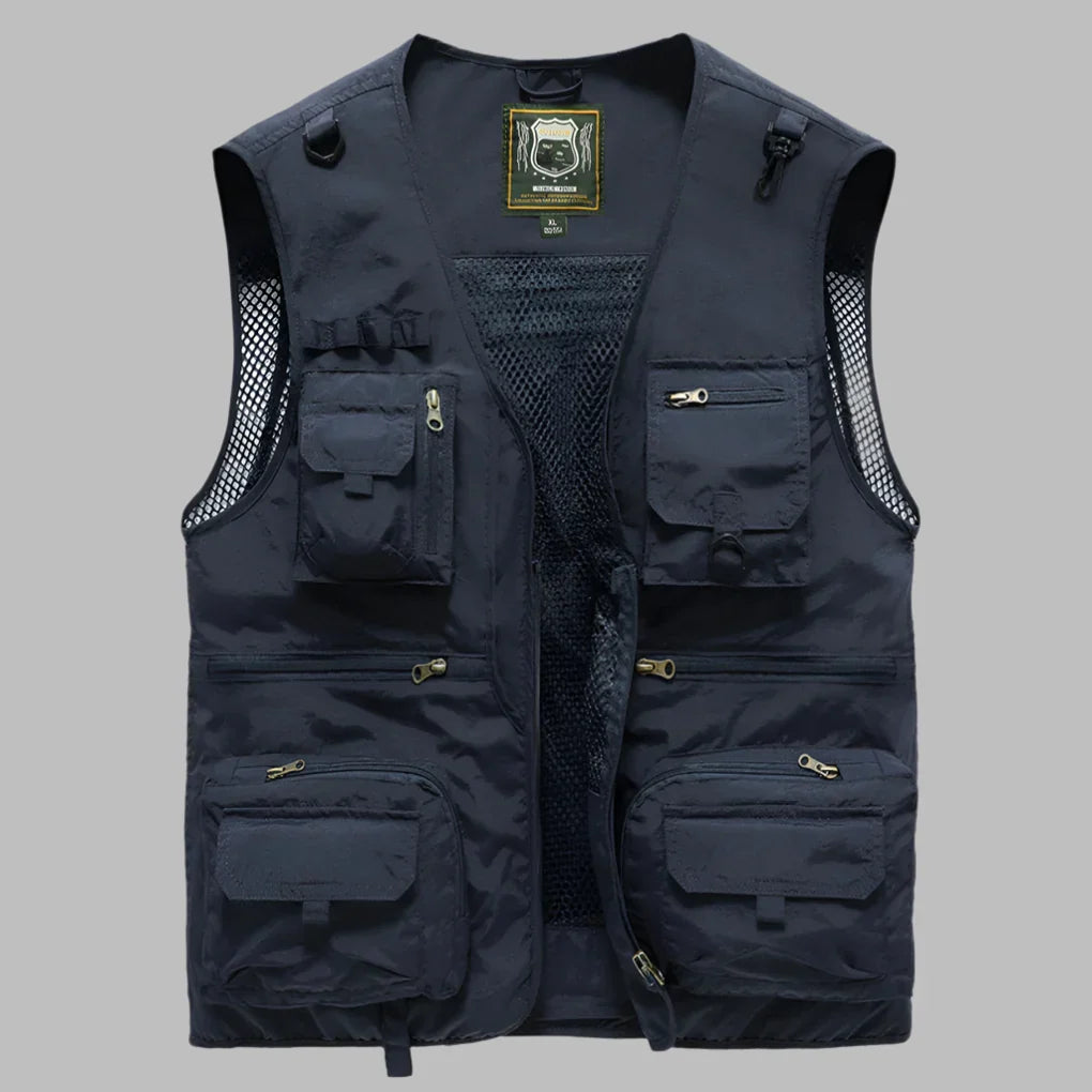 Army green multi-pocket summer vest, lightweight, breathable, utility outerwear for photographers, anglers, travelers.