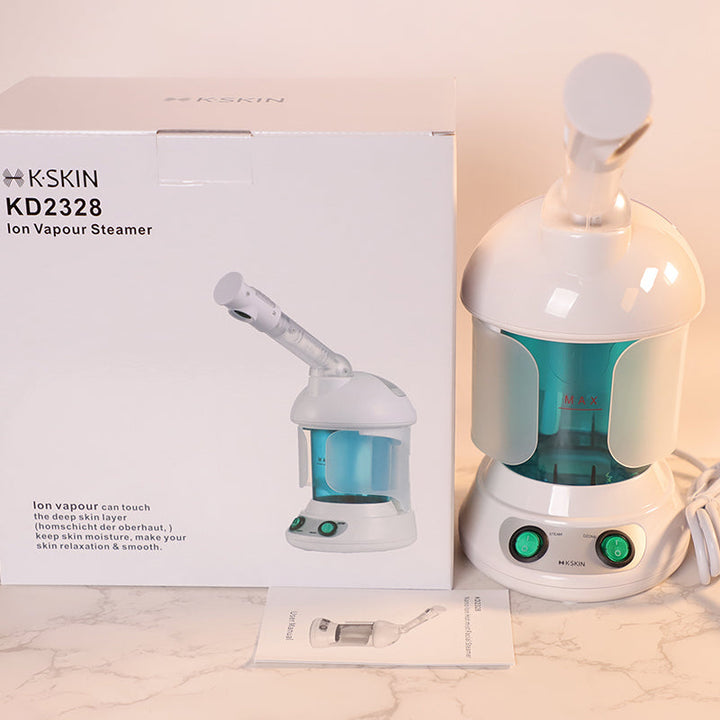 Home spa facial steamer with 360° rotating arm for personalized, rejuvenating skin care treatment.