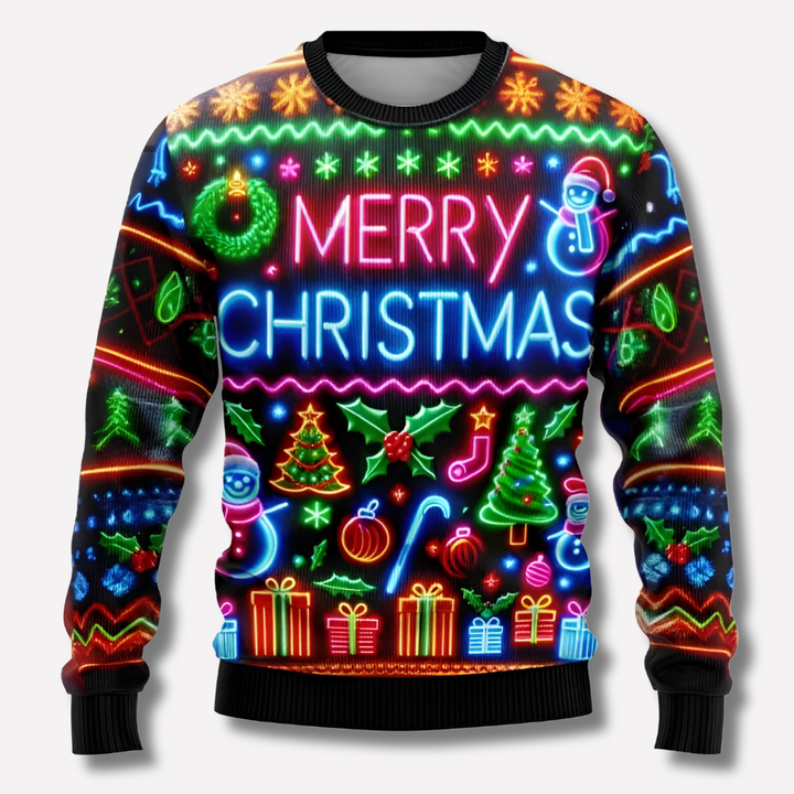 Unisex neon Christmas sweater with reindeer & snowflake design. Perfect for festive holiday parties.