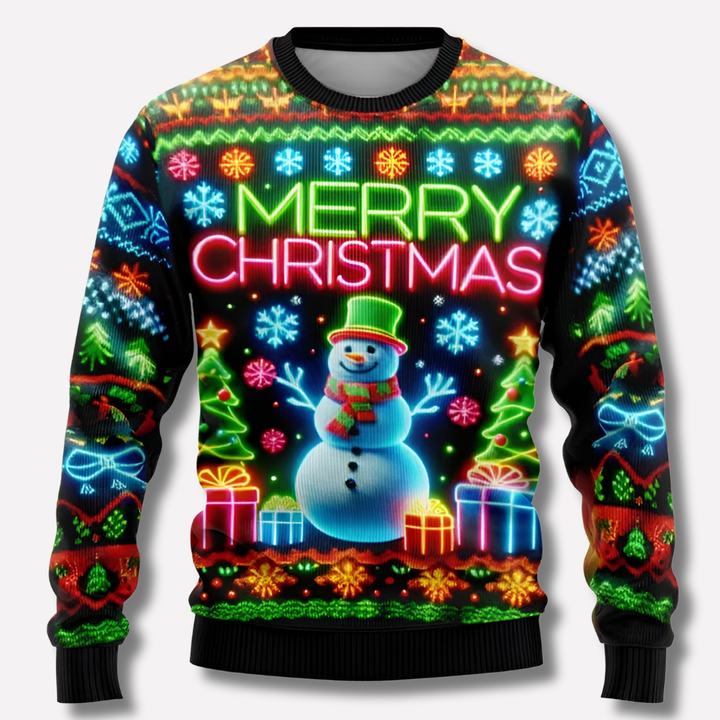 Vibrant unisex neon Christmas jumper. Cozy long sleeve with a unique reindeer & snowflake pattern.