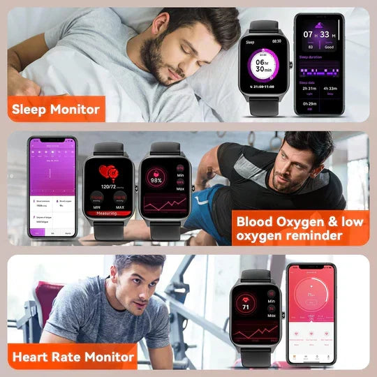 Smart device: Non-invasive glucose monitor, sleep tracker, and activity smartwatch for daily use.
