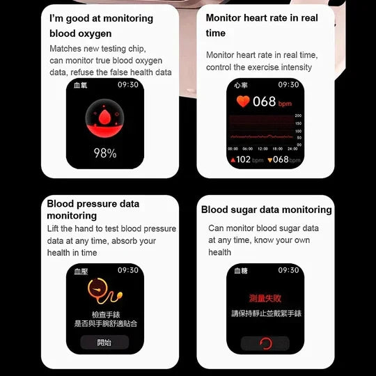 Smartwatch featuring non-invasive blood glucose monitor, heart rate, sleep, and activity tracking.