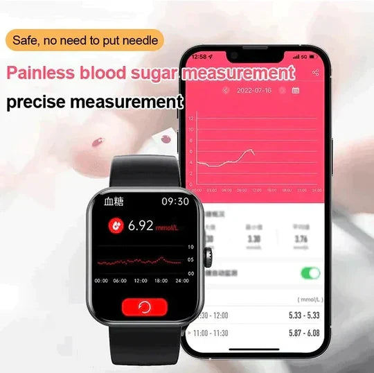 Wearable tech: Unisex digital smartwatch, waterproof, with accurate non-invasive blood glucose monitoring.