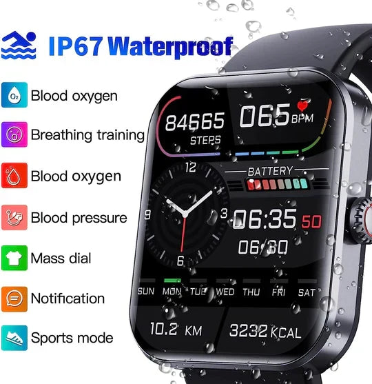 Sleek digital smartwatch, waterproof, offering non-invasive glucose and comprehensive health tracking.