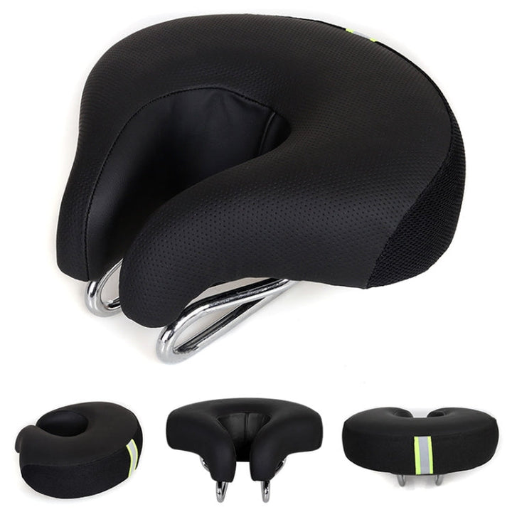 Unisex noseless padded mountain bike saddle for enhanced cycling comfort, pressure relief, and long-distance rides.