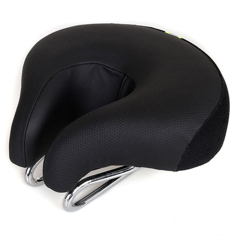 Ergonomic noseless mountain bike saddle with thick padding, promoting airflow and perineum comfort for cyclists.