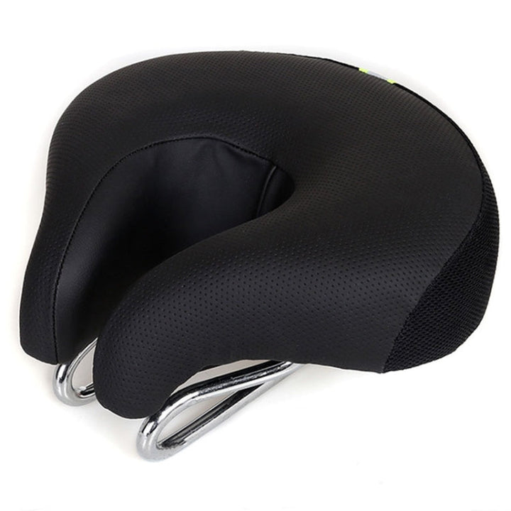 Ergonomic noseless mountain bike saddle with thick padding, promoting airflow and perineum comfort for cyclists.
