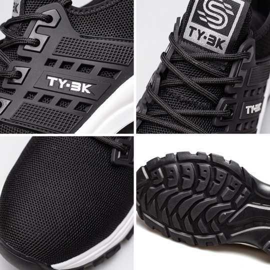 Protective safety work shoes, slip-resistant & puncture-proof for job site industrial use.