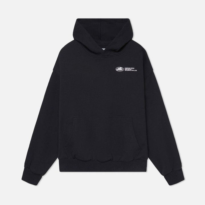 Cozy oversized hooded sweatshirt featuring a practical kangaroo pocket and a relaxed fit.
