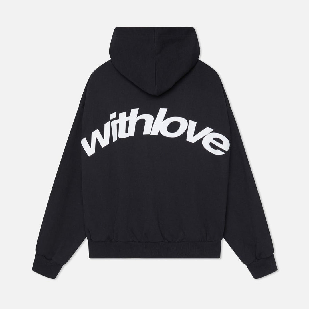 Modern relaxed fit hoodie with a bold "withlove" graphic back print, essential for a gender-neutral wardrobe.