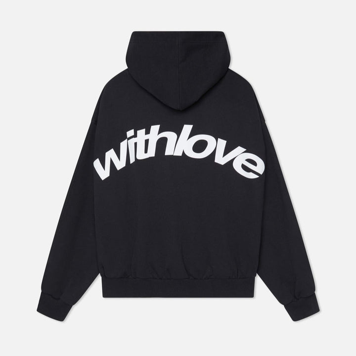 Modern relaxed fit hoodie with a bold "withlove" graphic back print, essential for a gender-neutral wardrobe.