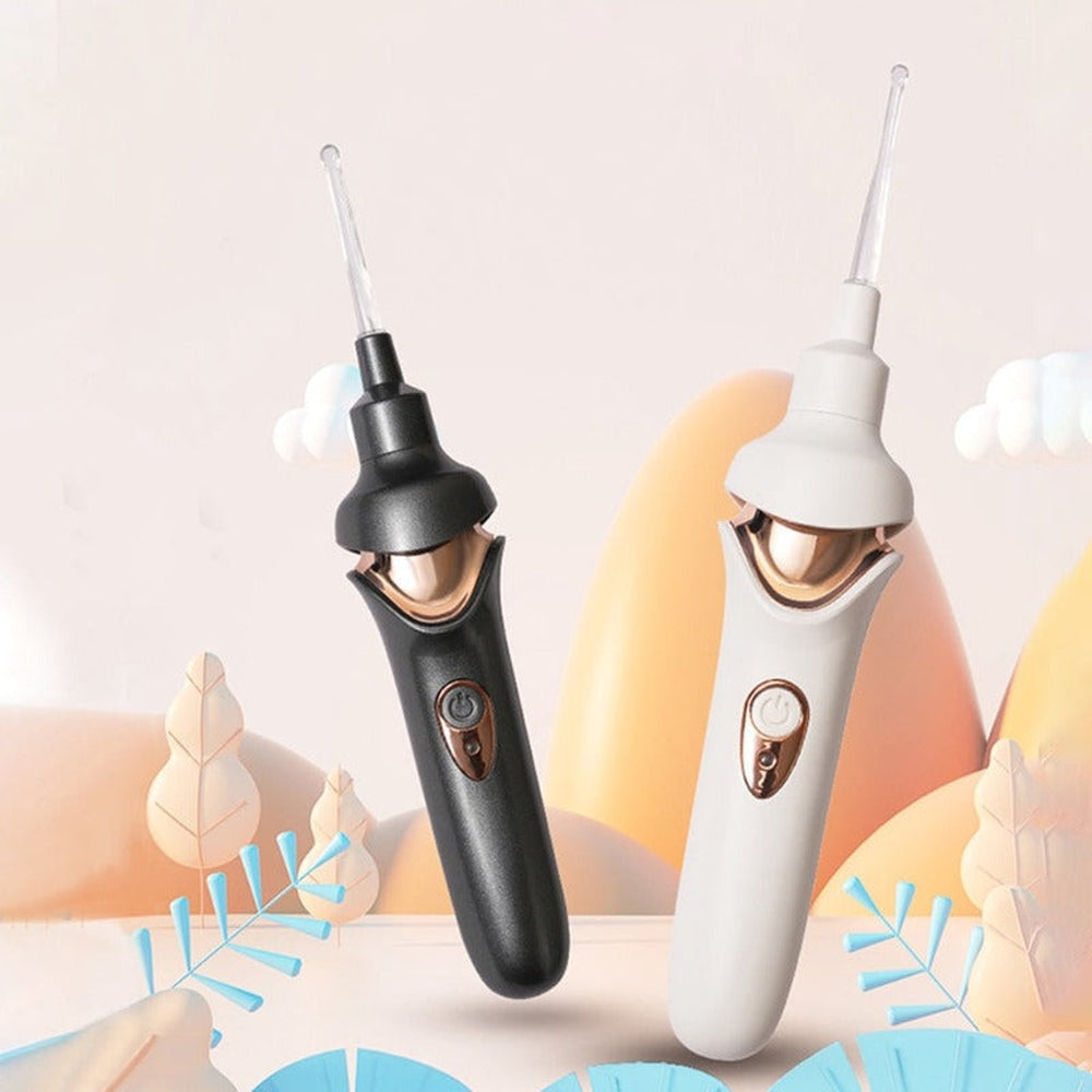 White & black earwax removal vacuum, rechargeable, quiet ear cleaner with LED light for safe hygiene.