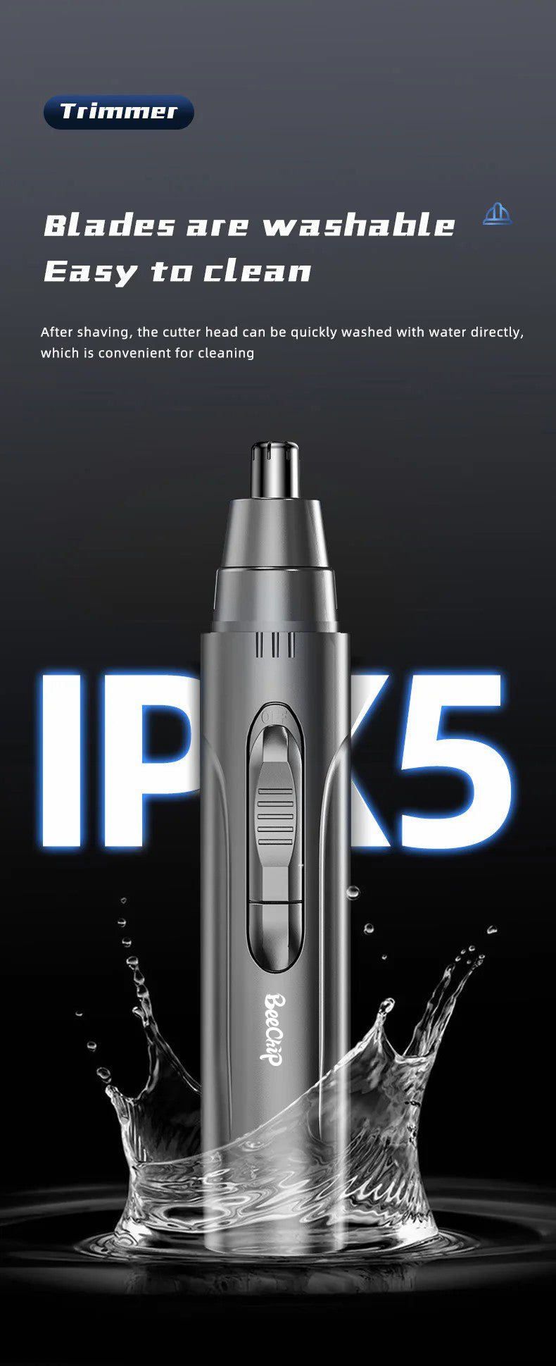 Travel-friendly unisex electric trimmer for hygienic, painless nose & ear hair removal.