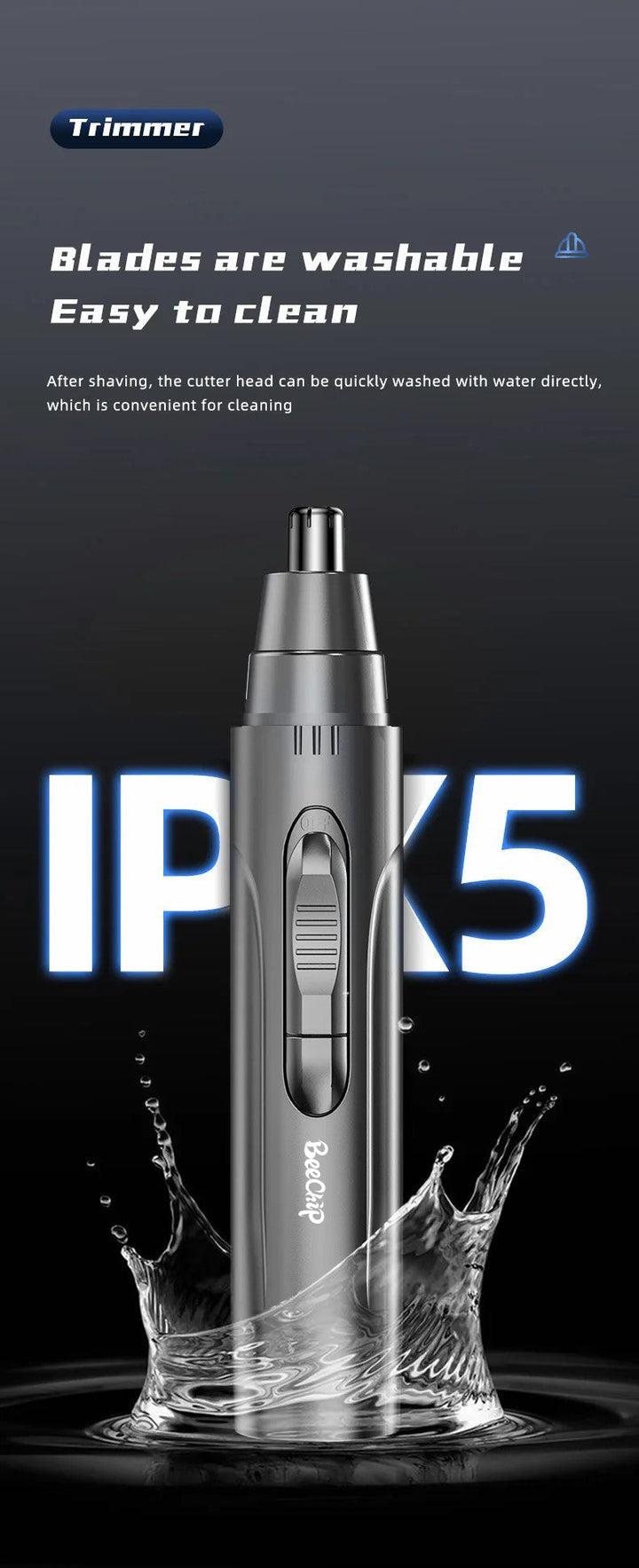 Travel-friendly unisex electric trimmer for hygienic, painless nose & ear hair removal.