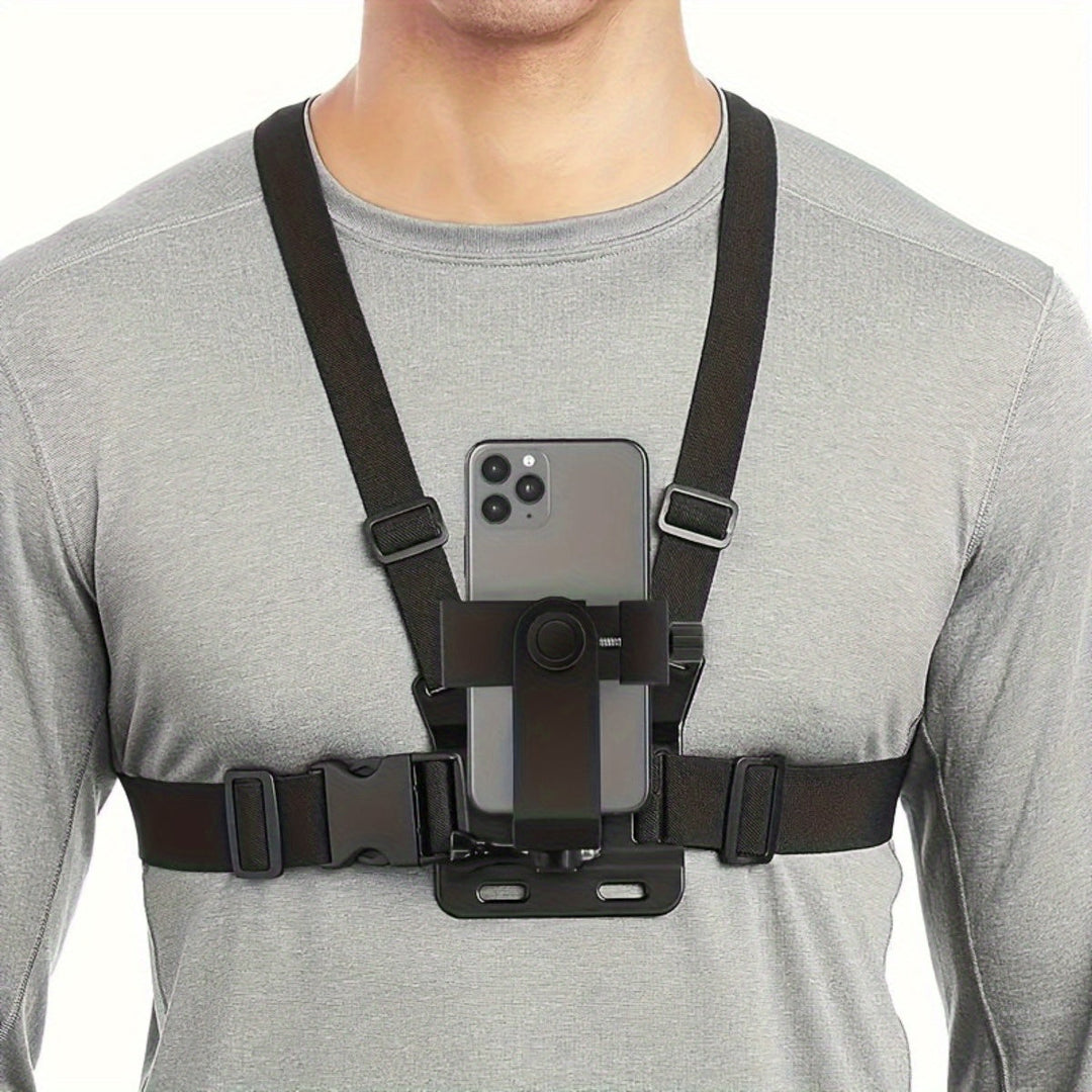 Unisex phone chest mount harness for action cameras & smartphones, ideal for hands-free POV filming, vlogging, sports, adventure.