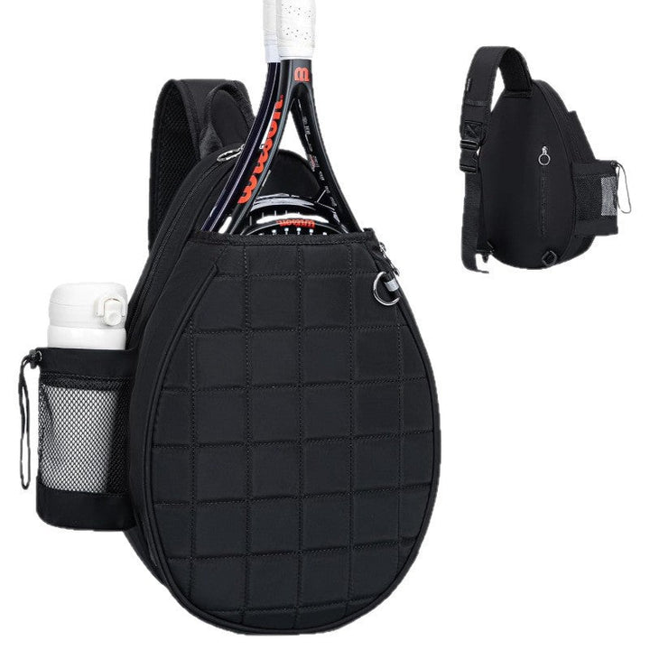 Back view of pink & black unisex tennis backpack, showcasing padded back panel and adjustable straps.