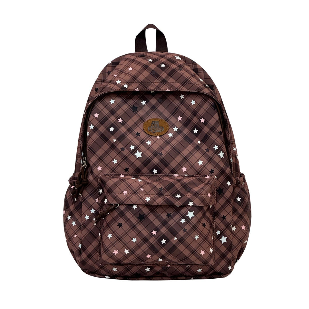 Unisex plaid school backpack with stars pattern, durable and stylish for students' everyday use.