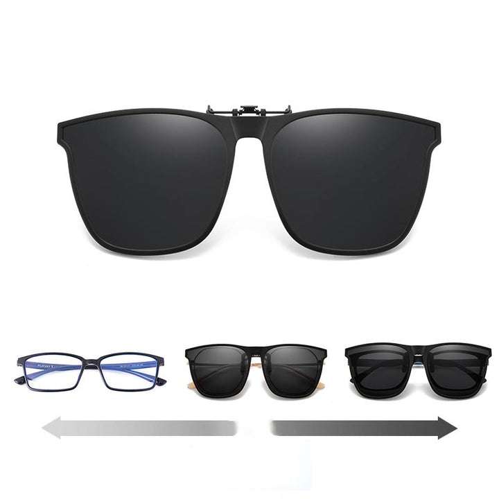 Polarized clip-on sunglasses with flip-up lenses, ensuring UV400 protection & glare reduction for eyewear.