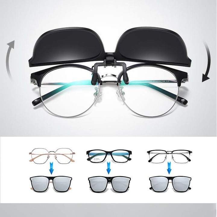 Versatile unisex polarized clip-on flip-up sunglasses, UV400 protection for glare-free driving & outdoors.