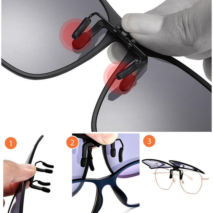Polarized clip-on sunglasses with a flip-up design, providing essential UV400 eye protection for existing glasses.