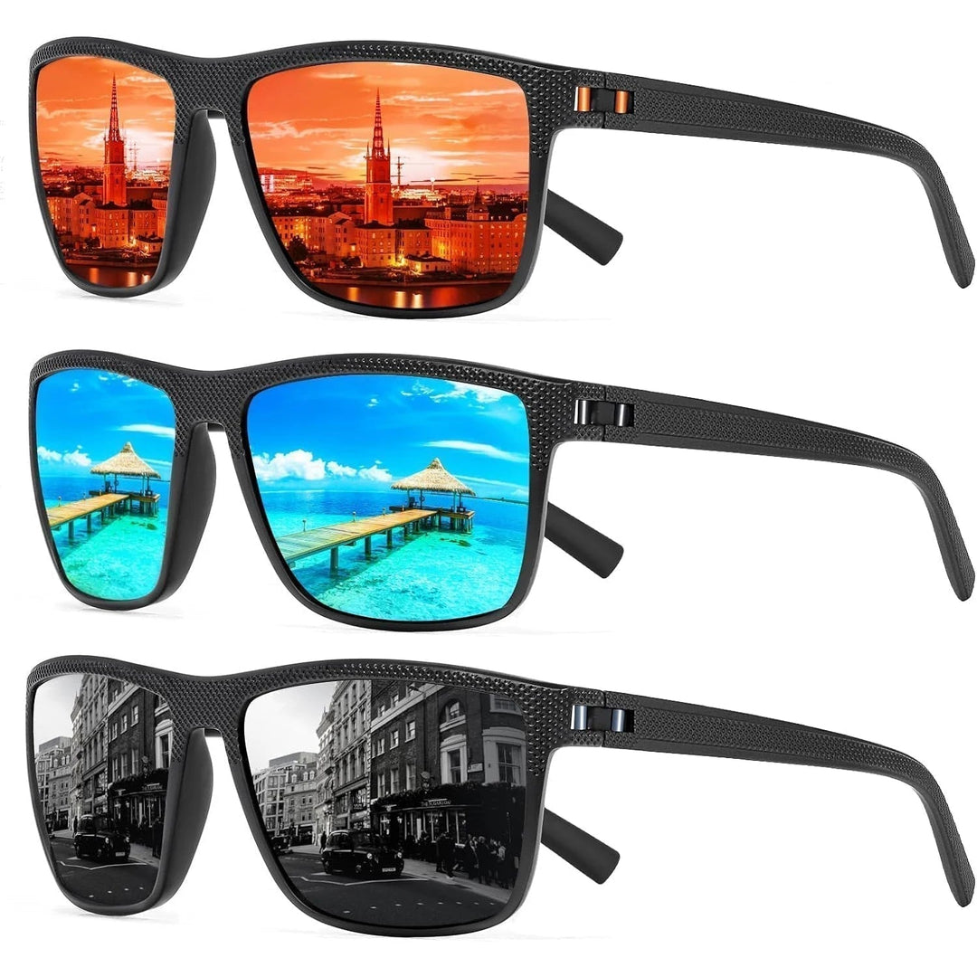 Square frame unisex polarized sunglasses, a 3-pack for anti-glare clarity during driving, fishing, and travel.