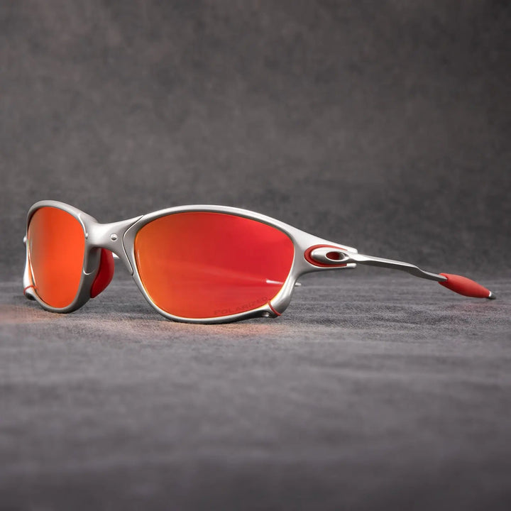 Unisex polarized sunglasses, vibrant frame, UV400 protection for glare-free outdoor vision.