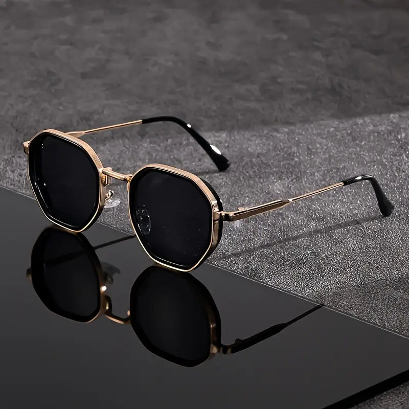 Stylish polygonal sunglasses with black/golden frames & blue/gray/tea tinted gradient lenses. Unisex fashion eyewear.