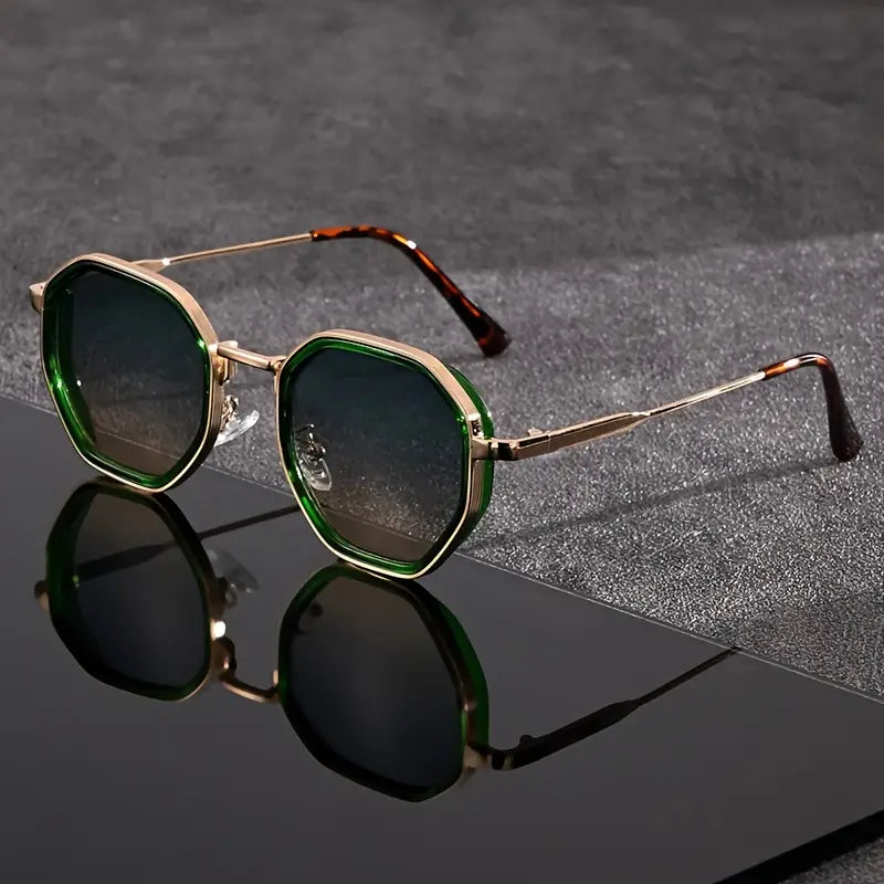 Trendy unisex polygonal sunglasses with tea or blue tinted lenses. Lightweight, durable fashion eyewear for stylish protection.