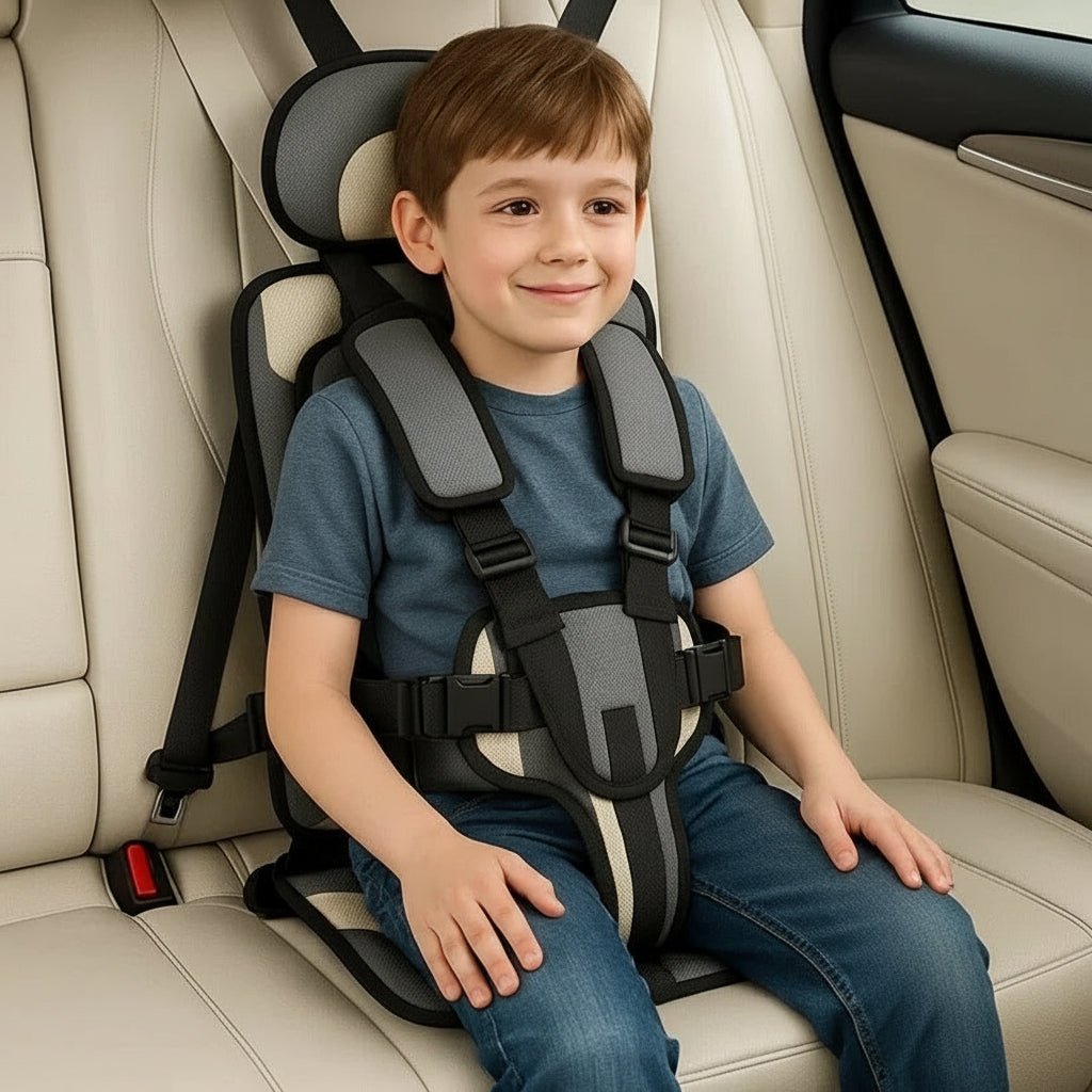 Folded portable child car seat, showcasing its compact design for easy storage & travel gear convenience.