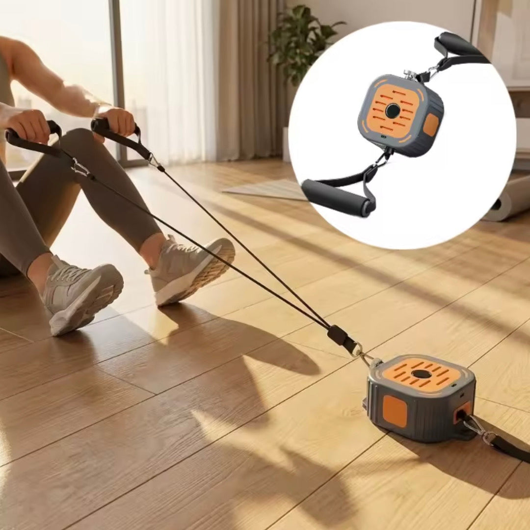 Unisex portable home gym & rowing trainer with adjustable resistance bands for full body workouts.