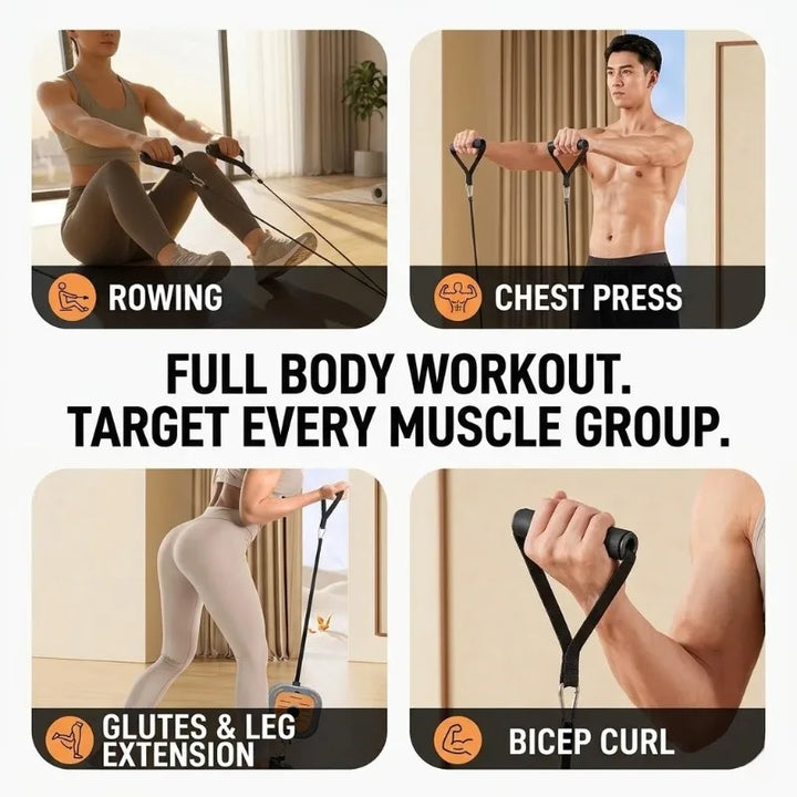 Compact portable gym and rowing machine, ideal for full body resistance training and strength building.