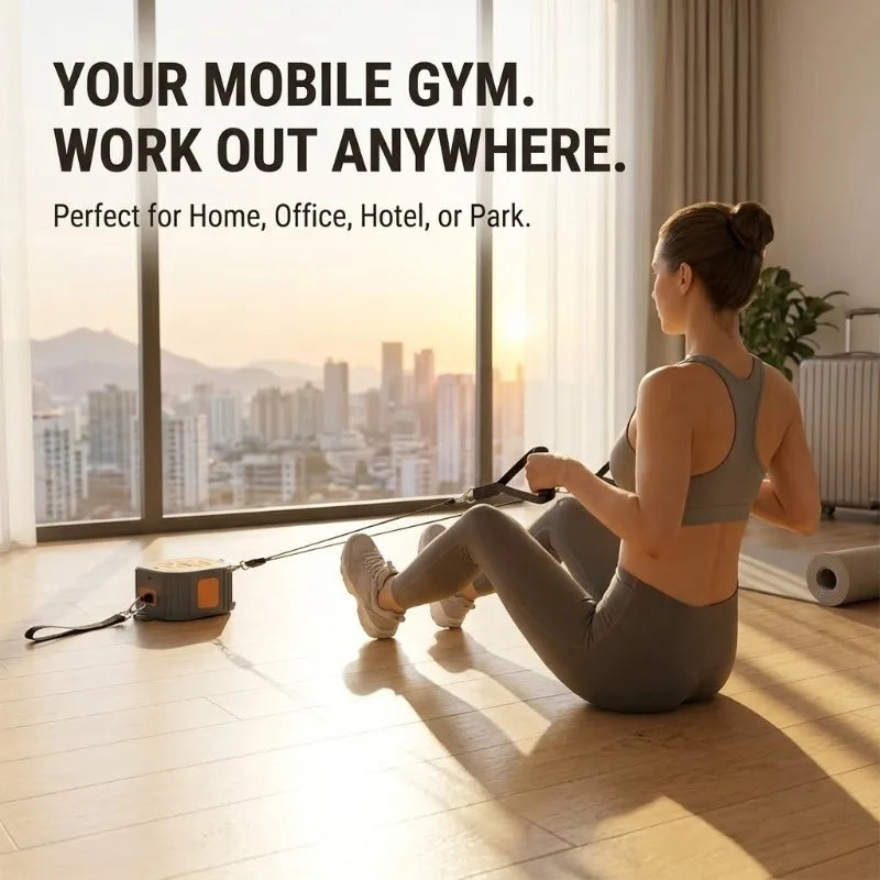 Full body portable home gym with adjustable fitness bands for strength training & rowing exercises.
