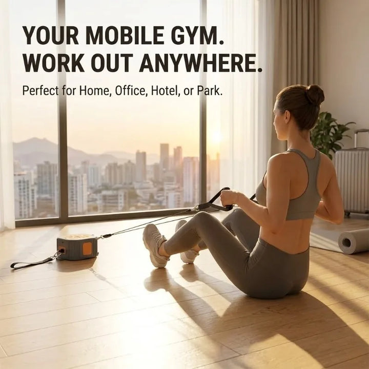 Full body portable home gym with adjustable fitness bands for strength training & rowing exercises.