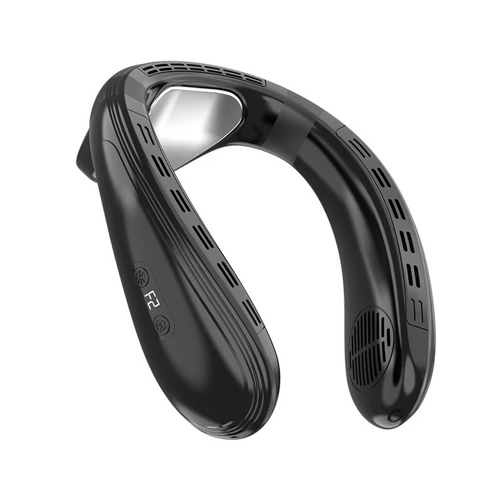 Unisex portable neck fan with 360° airflow, USB-C rechargeable for personal heat relief & outdoor cooling.