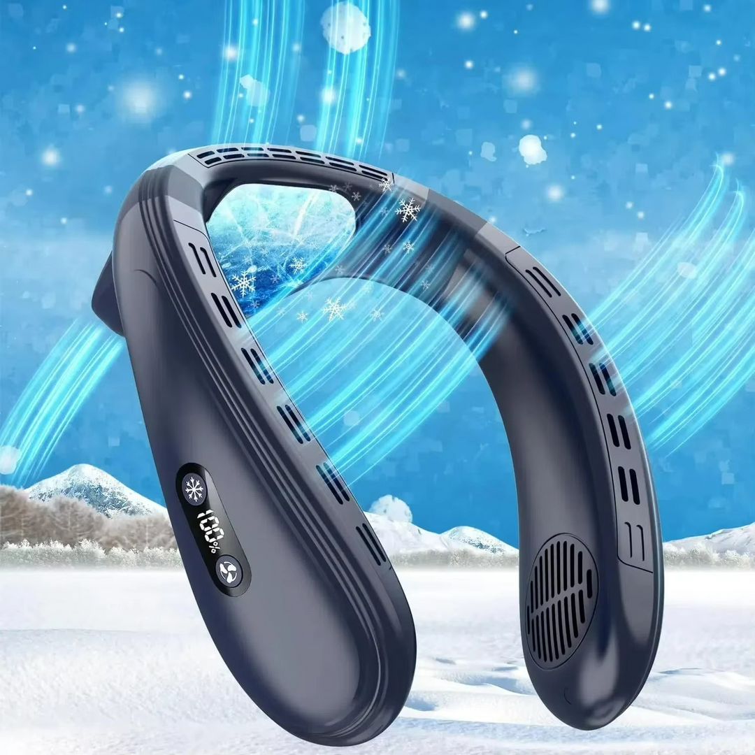 Wearable neck fan featuring powerful semiconductor cooling for hands-free heat relief & outdoor activities.