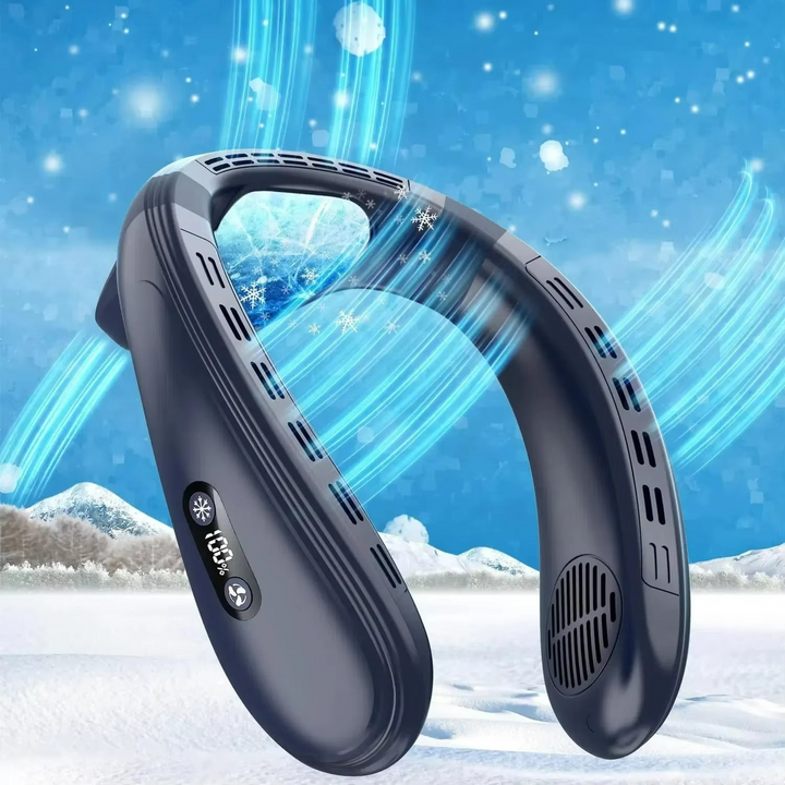 Wearable neck fan featuring powerful semiconductor cooling for hands-free heat relief & outdoor activities.