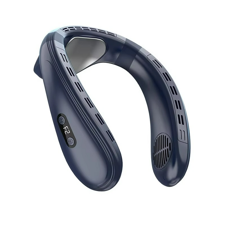 Sleek black portable neck fan, USB-C rechargeable, providing 360° cooling & comfortable heat relief.