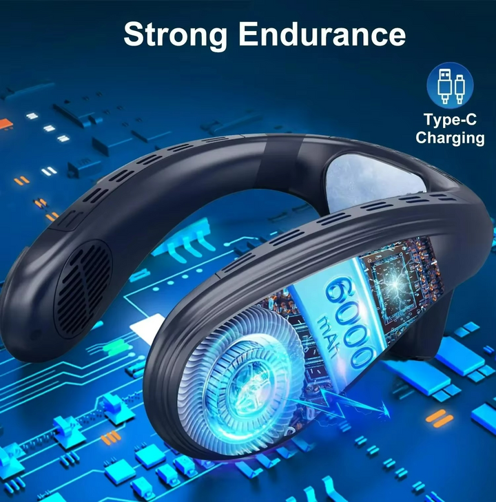 Unisex cooling neck fan with advanced semiconductor tech, offering portable 360° airflow for comfort.